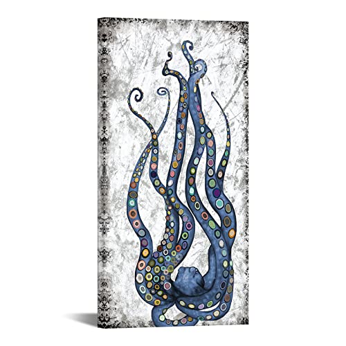 iKNOW FOTO Vertical Canvas Wall Art Abstract Grey and Blue Octopus Painting Printed on Canvas Sea Life Picture Poster Gallery Wrap Vintage Farmhouse Home Décor Ready to Hang 20x40 Inches