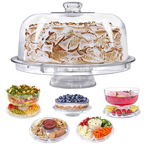 Lillian Tablesettings Cake Stand with Dome Cover, 6-in-1 Multi-Purpose Use, Serving Platter, Punch Bowl, Desert Platter and More, BPA Free, Clear (60220)