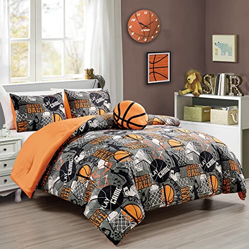 Chezmoi Collection 4-Piece Kids Bedding Comforter Set - Soft Microfiber Gray Orange Multi-Color Basketball Slam Dunk Sports, Full/Queen