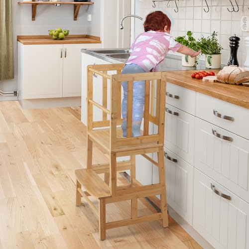 COSYLAND Kids Kitchen Step Stool，Toddler Standing Tower with CPC Certification, Removable Anti-Drop Railing Safety Rail Enjoys Unique Patented Design A Anti-tip Structure More Stable, Natural Bamboo…