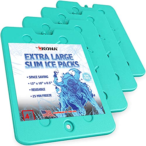 Kona Large Ice Packs for Coolers - Slim Space Saving Design - 25 Minute Freeze Time (Bulk 4 Pack)