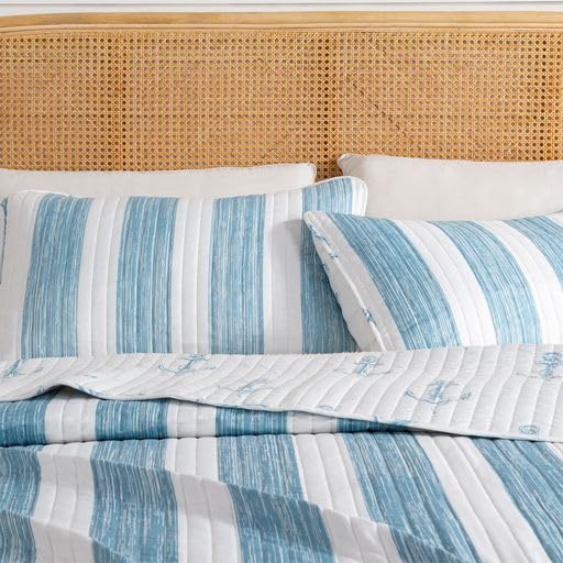 Twin Coastal Quilt Bedding Set, Summer Coastal Quilt with Sham, Beach 2-Piece Reversible All Season Bedspread Quilt Set. Lightweight Nautical Quilted Coverlet. Casco Bay Collection, Blue