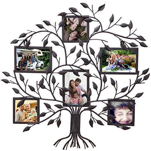 Adeco PF0571 Family Tree Metal Wall Hanging Decorative Collage Picture Photo Frame, 6 Openings, 4x6 4x4, Black with Antique Finish
