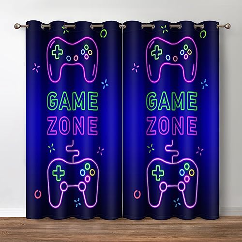 Jekeno Gaming Gamepad Blackout Curtains - Video Games Controller Neon Sign Pattern Drapes Decor Bedroom Apartment Playroom Living Room Darkening Grommet Window Treatments 2 Panels Set, 52x84 Inch
