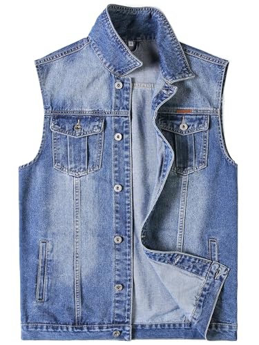 Ambcol Men's Casual Lapel Denim Vest Jacket Plus Size Sleeveless Motorcycle Biker Jeans Vests Blue-01 Medium