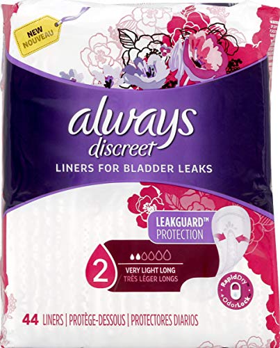 Always Discreet Adult Incontinence & Postpartum Liners For Women, Size 2, Very Light Absorbency, Long Length, 44 Count (Packaging May Vary)