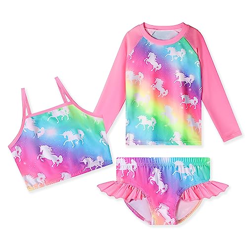 LQSZ Girls Rash Guard Sets Rainbow Unicorn Long Sleeves Swimsuit 3 Pieces Tankini Bathing Suit Swimwear for Girls Beach Summer 4 5t