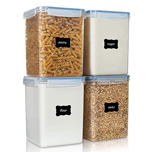 Vtopmart Large Food Storage Containers 5.2L / 176oz, 4 Pieces BPA Free Plastic Airtight Canisters for Flour, Sugar, Baking Supplies, Rice with Lids, 4 Measuring Cups and 24 Labels, Blue