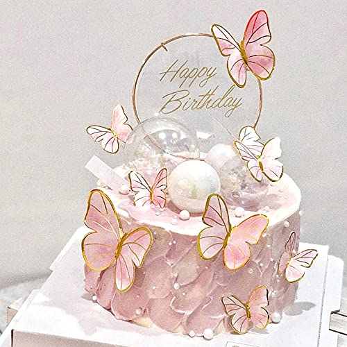 Pink Butterfly Cake Toppers, 11pcs Cupcake Toppers Happy Birthday Metal Gold Topper for Girls Women's Party Decorations