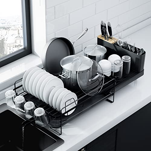 Kitsure Large Dish Drying Rack - Extendable Dish Rack, Multifunctional Dish Rack for Kitchen Counter, Anti-Rust Drying Dish Rack with Cutlery & Cup Holders 27' L x 12.9' W, Black
