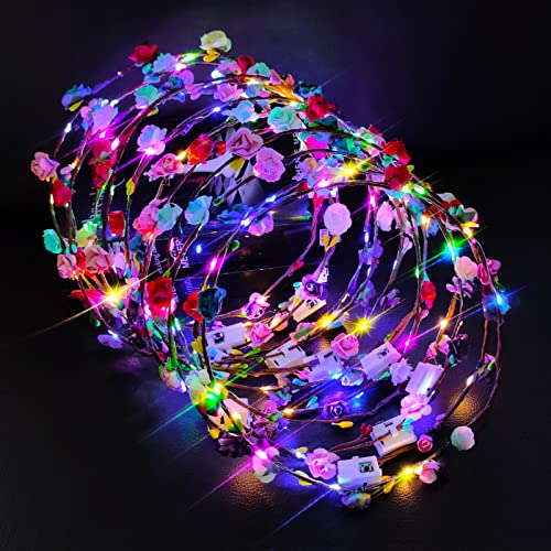 12 Pack LED Flower Headband Crown, Halloween Glow in The Dark Party Supplies Wreath Headdress for Kids Girls Women Hair Accessories, LED Light Up Party Favors Dress Up Wedding Birthday Christmas