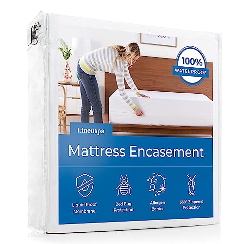 Linenspa Zippered Mattress Encasement - Waterproof & Bed Bug Proof - Premium Noiseless & Absorbent Cover – Full, White