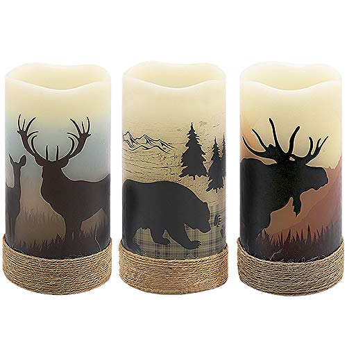 GenSwin Flameless Flickering Led Candles with Hemp Rope and 6H Timer, Battery Operated Set of 3 Real Wax Pillar Rustic Candles Warm Light with Deer, Moose, Bear Decals Decor Christmas Home(D3 x H6)