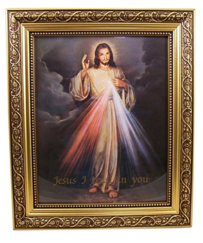 The Divine Mercy Jesus Christ Print in 13 Inch Gold Finish Frame by Gerffert for Bedroom