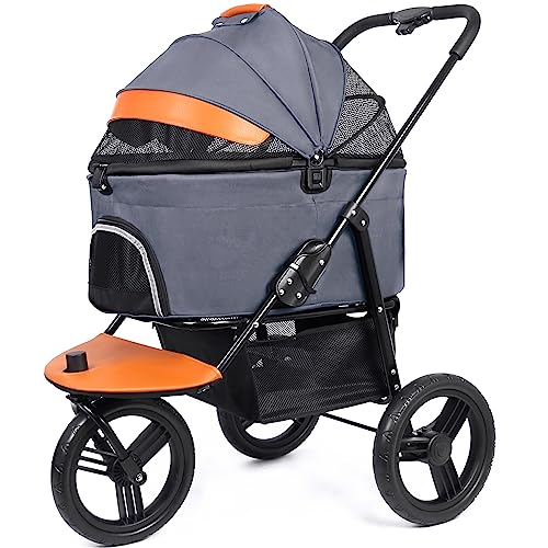 Dog Stroller for Medium Small Dogs, 3in1 Pet Stroller Zipperless Dog Cat Jogger Stroller 3 Wheels with Detachable Dog Carriage, Storage Basket and One-Button Folding Frame for Pets Walk-Gray