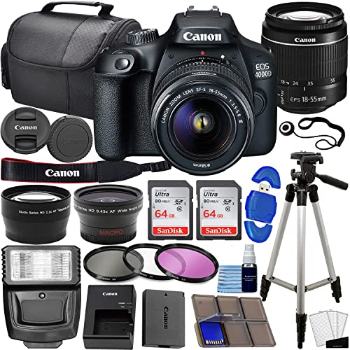 Canon EOS 4000D / Rebel T100 DSLR Camera w/EF-S 18-55mm f/3.5-5.6 Lens 3 Lens Kit Bundled with 128GB Memory + Wide Angle Lens + Telephoto Lens + Flash + More (Renewed) Black