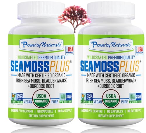 Power By Naturals Sea Moss Plus - USDA Certified Organic Wildcrafted Irish Seamoss, Bladderwrack & Burdock Root, Supplement for Immunity, 60Ct, 2 Pack