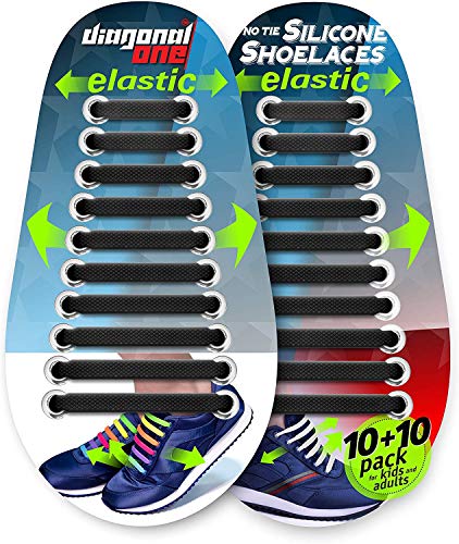 Diagonal One No Tie Shoelaces for Kids & Adults. The Elastic Silicone Shoe Laces to Replace Your Strings. 16 Slip On Tieless Flat Silicon Sneakers (Black)