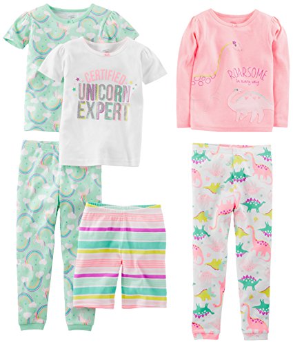 Simple Joys by Carter's Girls' 6-Piece Snug Fit Cotton Pajama Set, Mint Green Rainbow/Pink/White Dinosaur/Stripe/Unicorn, 4T