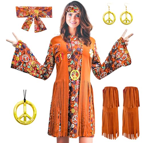 ATAMET 70s 60s Hippie Costume Disco Dress Set,70s outfits,70s Costume For Women,60s Hippie Dress Costume (Brown A, Medium)