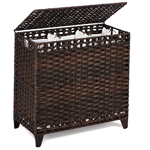 Laundry Hamper with 3 Removable Liner Bags; 132L Handwoven Rattan Laundry Basket with Lid & Heightened Feet; Clothes Hamper with Side Handles; Laundry Sorter with 3 Separate Sections (Brown)