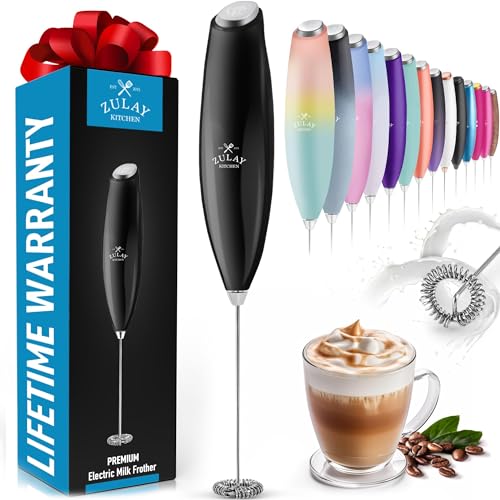 Zulay Kitchen Milk Frother Wand Drink Mixer - Durable, Proprietary Z Motor Max - Handheld Frother Electric Whisk, Milk Foamer, Mini Blender and Electric Mixer Coffee Frother for Matcha - Black