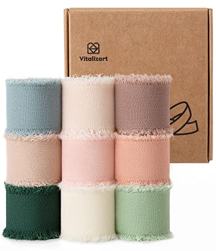 Vitalizart 1' x 18Yd Chiffon Silk Ribbon Mixed Color Ribbons Set 2 Yd x 9 Rolls Fringe Fabric Eco-Friendly for Wedding Invitations, Bridal Bouquets, Decorations, Gifts Wrapping & Bow Making