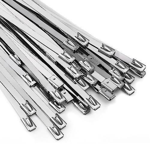 Metal Zip Ties 11.8 inch 100pcs 304Stainless steel Heavy duty Multi-purpose Self-locking Cable Ties Suitable for in machinery, vehicles, farms, pipes, roofs,cables, as well as Outdoor binding