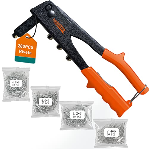 Meiwaltee Rivet gun,Professional Pop Rivet Gun Kit with 200Pcs Rivets, 3/32'-1/8'-5/32'-3/16', Heavy Hand Riveter kit Suitable for Metal work, Gutter, Automotive and other common DIY projects