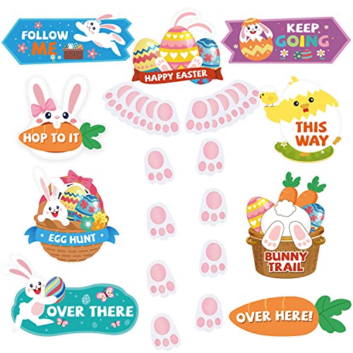 AhfuLife Easter Egg Hunt Signs Decorations Set for Kids, 9pcs Easter Bunny Chick Paper Signs Clues and 20pcs Bunny Paw Print Decorations for Outdoor Yard Home Garden Spring Lawn Party