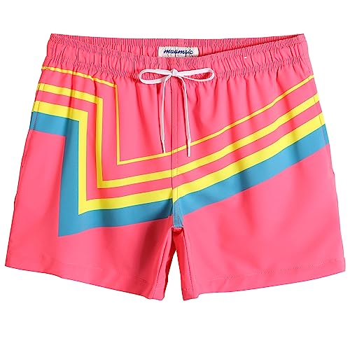 maamgic Mens Boys 80s 90s Vintage 4 Way Stretch Swim Trunks with Mesh Lining Quick Dry Swim Suits Board Shorts Flash Rosered X-Large