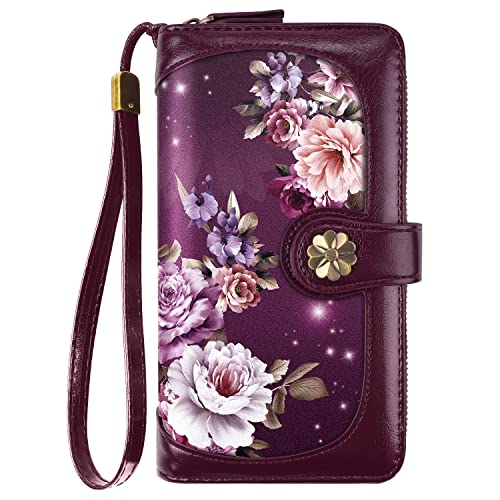 Coco Rossi Wallets for Women Multi Card Holder Wallet Clutch Wallet Card Holder Organizer Ladies Purse with Wrist strap Purse,Purple Flowers