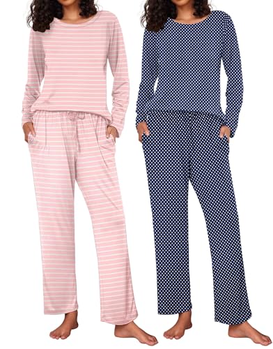 Ekouaer Women's Pajamas 2023 Winter Long Sleeve O Neck Pullover And Pants,Large
