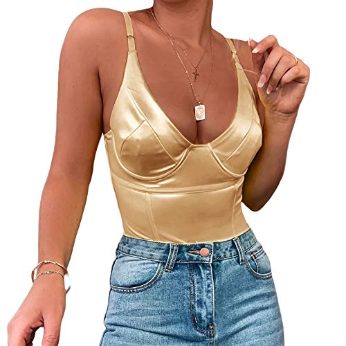 Velius Women's Sexy Deep V Neck Shiny Thong Bodysuit Tank Tops with Underwire (Gold, Large)