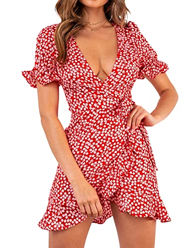 Relipop Women's Dresses Floral Print Deep V Neck Short Sleeve Wrap Tie Waist Ruffle Short Casual Summer Dress