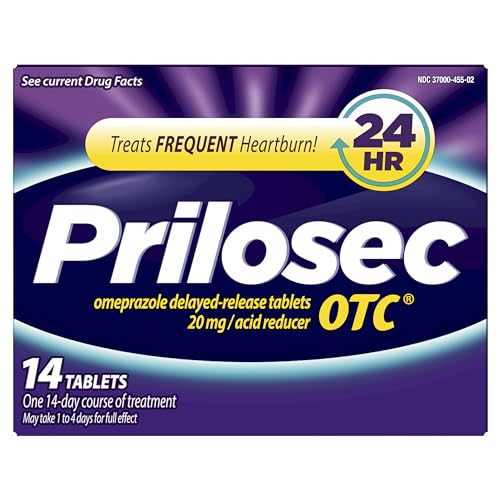 Prilosec OTC, Omeprazole Delayed Release 20mg, Acid Reducer, Treats Frequent Heartburn for 24 Hour Relief, All Day, All Night*, 20mg, 14 Tablets