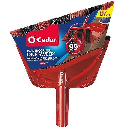 O-Cedar PowerCorner One Sweep Broom with Step-On Dustpan and 3-Piece Handle, Red