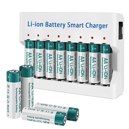 12 Pack Rechargeable 1.5V Lithium AA Batteries with Charger (8-Bay Independent Slot), Long Lasting Double A Size Battery 2600mWh for Xbox Controller, Blink Camera
