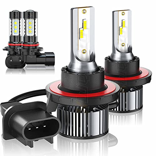 XWQHJW LED Headlight Bulbs Compatible For Ford F150 F250 F350 2005 2006 2007 2008 2009 2010 2011 2012 2013 2014, 9008/H13 High Low Beam + 9145/H10 Fog Lights, 6000K White, Plug and Play, Pack of 4