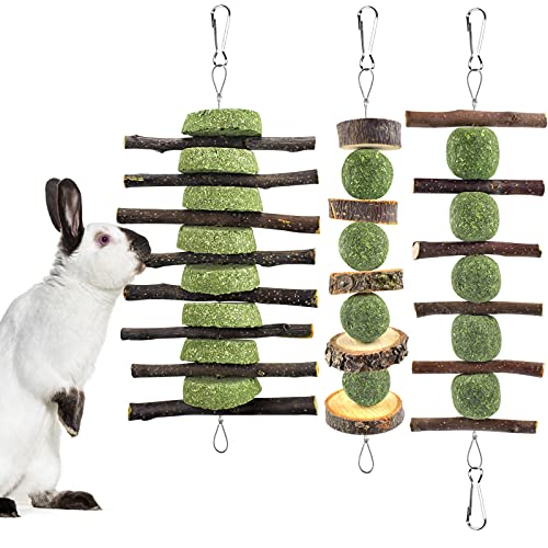 ERKOON Bunny Chew Toys, Rabbit Chew Toys for Teeth Grinding, Improve Dental Health, 100% Natural Apple Wood Timothy Grass Cake Treats for Rabbits Guinea Pigs Chinchillas Bunnies Hamsters (3 Pcs)
