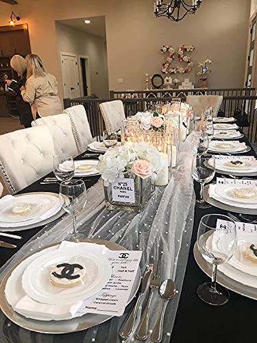 Juan's Moment Pearl Decor Wedding Table Cloths for Reception Bridal Shower Tablecloth Dessert Table Pearl Sheer Curtains Tulle Chiffon Beaded Bridal Veil Tablecloth Linen Overlay Lace Fabric