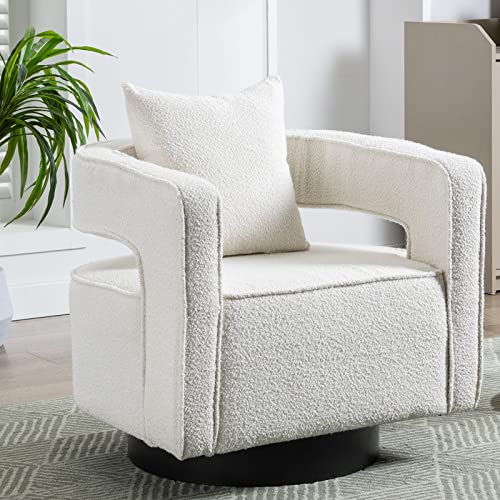 ODUWA Swivel Barrel Accent Chair,26' W Modern Round Boucle Arm Chair with Black Base,Upholstered Comfy 360 Degree Swivel Single Circle Club Chair for Nursery Bedroom Living Room Hotel Office