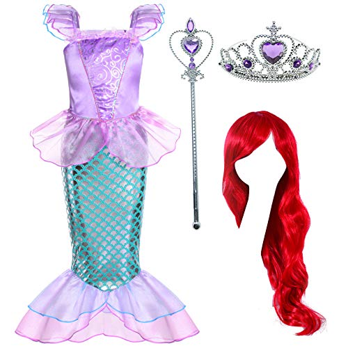 Joy Join Little Girls Princess Mermaid Costume for Girls Dress Up Party with Wig,Crown, Mace Pink 6-7 Years