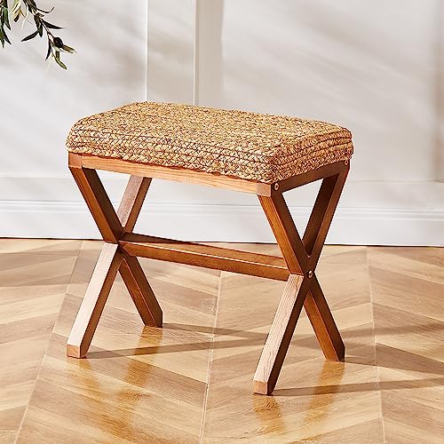 Cpintltr Ottoman Footstool Natural Seagrass Footrest Pouf Ottomans with X Wooden Legs Rectangular Hand Weaving Foot Rest for Living Room Balcony 17 inch (Natural)
