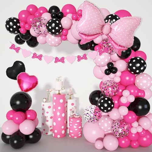 Ouddy Party Pink Mouse Balloon Garland Arch Kit for Cartoon Mouse Theme Birthday Party Decorations Girl Kids, Pink Black Rose Red Bow Foil Balloons Banners for Mouse Baby Shower Party Supplies