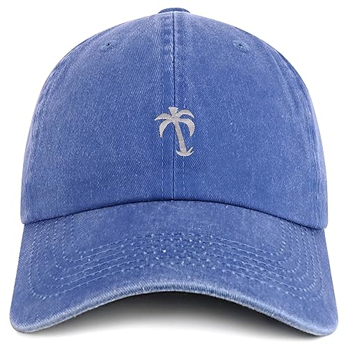 Trendy Apparel Shop Palm Tree Solid White Embroidered Washed Cotton Adjustable Cap - Royal