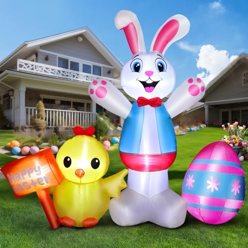FunFanso 6 FT Easter Inflatable Bunny with Chicks & Eggs, Happy Easter Blow Up Rabbits Outdoor Decorations with Built-in LED Lights for Yard Lawn Garden Indoor Holiday Party Decor, Gift for Kids