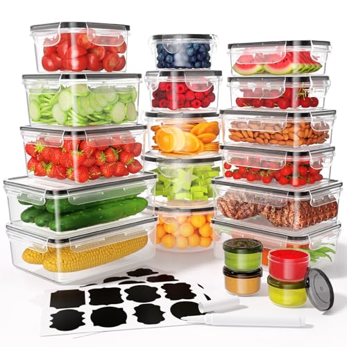 KEMETHY 40 Pcs Food Storage Containers with Lids Airtight (20 Containers & 20 Lids), Plastic Meal Prep Container for Pantry & Kitchen Organization, BPA-Free, Leak-Proof with Labels & Marker Pen