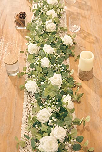 Anna's Whimsy 5.91FT Artificial Eucalyptus Garland with Flowers, Fake Rose Gypsophila Garland, Faux Floral Garland Greenery Garland for Wedding Spring Home Party Craft Art Table Runner Decor