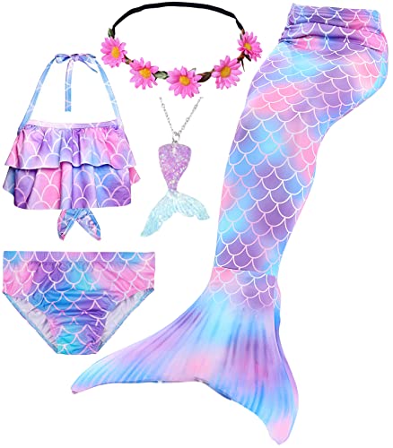 WOPLAY 5Pcs Girls Swimsuits Mermaid Tail Swimming Bikini Swimsuit Suit Girl Birthday Gift 3-12 Years(No Monofin) (as1, Age, 5_Years, 6_Years, DH101-P)